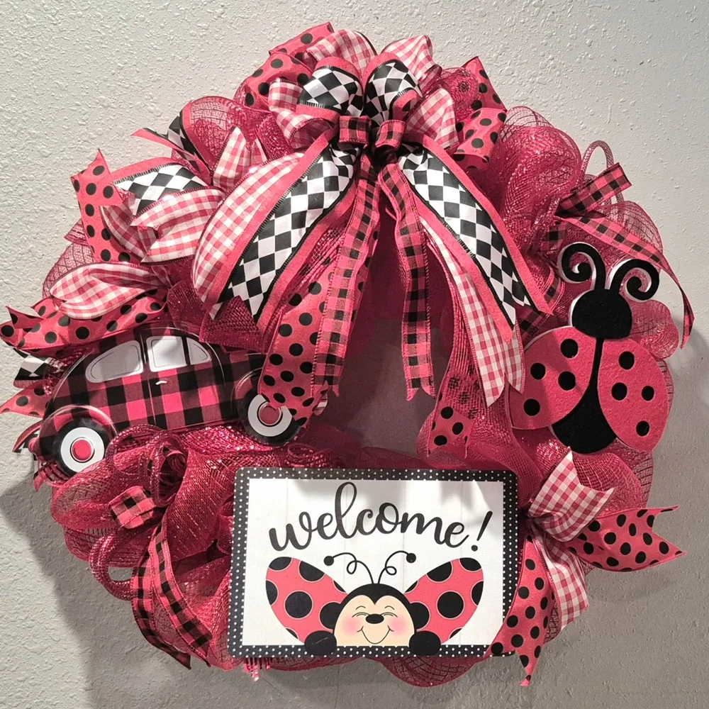 Wreath Welcome Ladybug love bug car black red polkadots buffalo checker Summer